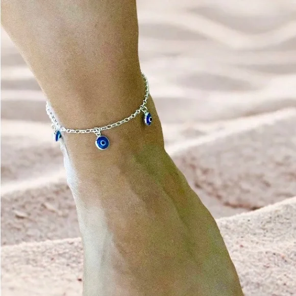 Sterling Silver Anklet with Evil Eye Charms - Picture 3 of 3
